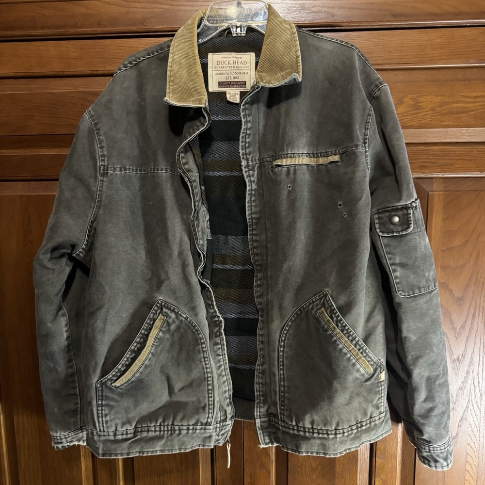 Vtg 90s Duck Head Barn Coat Sz 2XL Olive/Gray Corduroy Collar Plaid Lined Chore